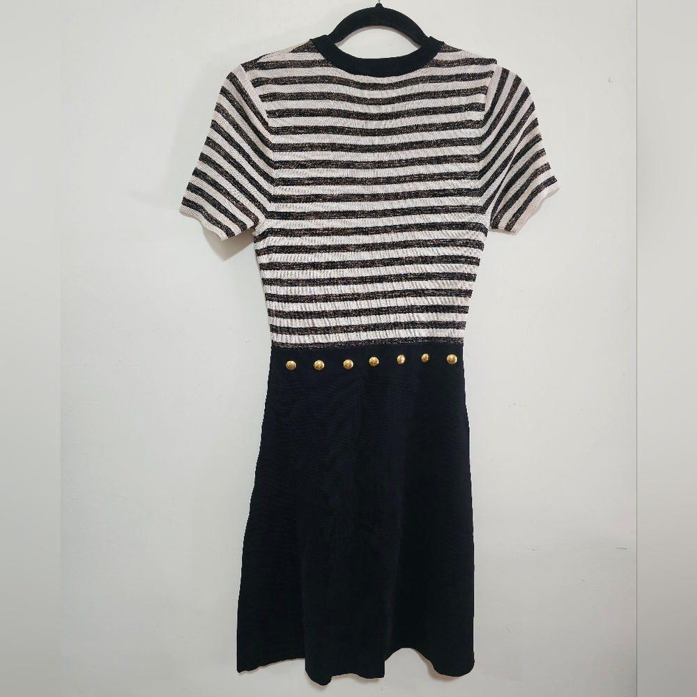 Sandro Redlake Stripe Dress Size S Gold Embellish Coastal Nautical Chic Parisian - Picture 7 of 10